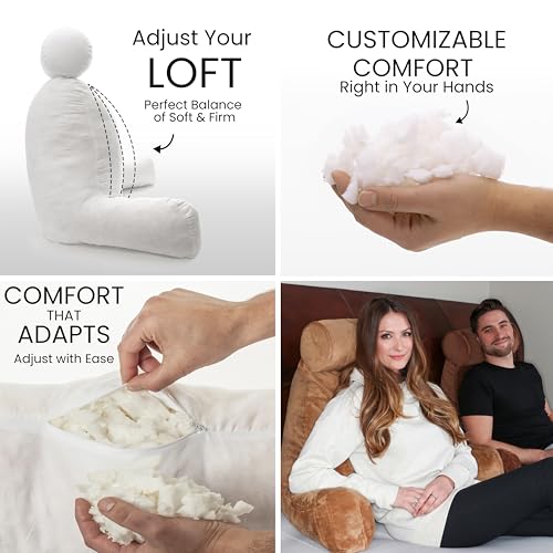 Image of Husband Pillow XXL Tan Backrest with Arms - Adult Reading Pillow Shredded Memory Foam, Ultra-Comfy Removable Microplush Cover & Detachable Neck Roll, Unmatched Support for Bed Rest Sit Up Pillow