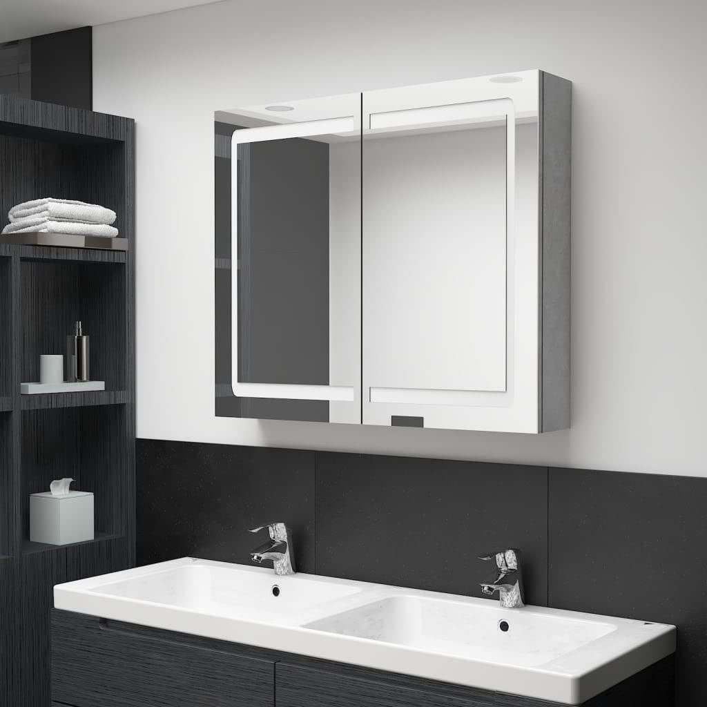 Armoire Miroir LED pour salle de bain, gris béton 80 x 12 x 68 cm, montage mural avec 2 portes, 3 étagères Port USB pour Maquillage et rasage en mélamine Profondeur env. 45 cm