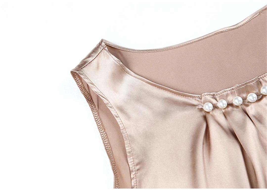 Donne Perline Gilet Senza Maniche Top Tinta Unita In Raso Di Seta Canotte