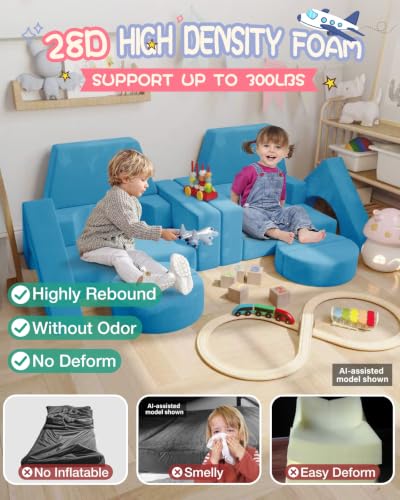 Image of YEFU 15pcs Modular Kids Play Couch，1000+ Imagination Creative Play | for kids ages 1+,7 shapes,countless configurations,30D high-density foam,fort building,washable cover, playroom,birthday gift