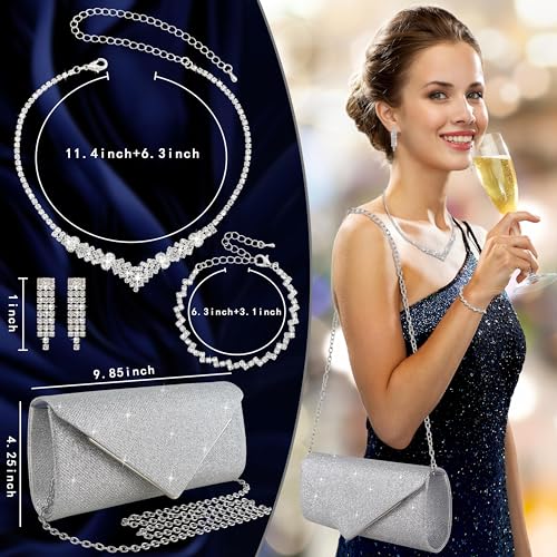 Image of 4Pcs Silver Clutch Bag Jewelry Set For Women Rhinestone Shiny Evening Purse Handbag Clutches Purses For Wedding Party Gift (Elegant Style)
