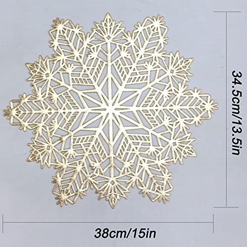 Wintop 15"×13.5" Pressed Vinyl Metallic Placemats for Dining Table Decoration, Set of 6, Snowflake Gold