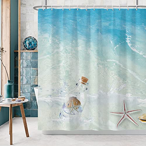 Ttincceer Ocean Beach Shower Curtain, Sea Drift Bottle Starfish Conch Seashell Bathroom Curtain, Tropical Ocean Theme Shower Curtain Set With 12 Hooks For Bathroom 72" Wx72 L #TOP6