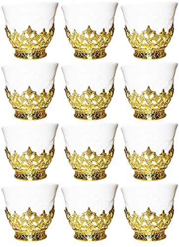 Chandler Espresso Cup Turkish Coffee Cup Arabica Coffee Cup Assorted Design and Shape Available from Brand White Porcelain with Golden Acrylic Accent 90 ml 3 oz Set of 12 Cups (Stars)