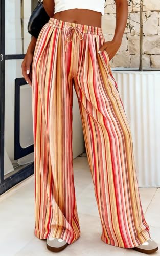 Image of PRETTYGARDEN Womens Pants Elastic Waist Floral Lightweight Palazzo Pants for Women Casual Lounge Wide Leg Pants Woman