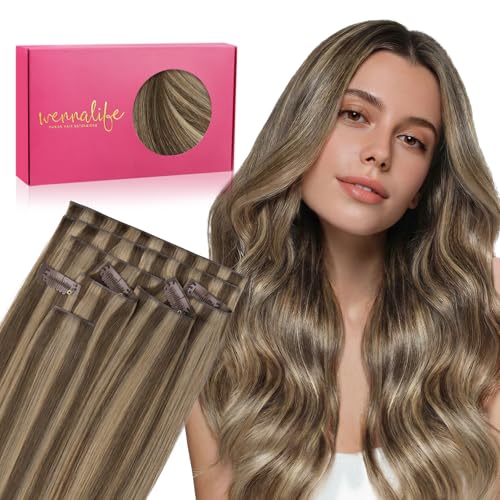 Image of WENNALIFE Invisi Edge Clip in Hair Extensions Real Human Hair, 22 Inch 150g 7pcs Balayage Chocolate Brown to Caramel Blonde Seamless Clip in Extensions Remy Hair Clip Ins Invisible PU Skin Weft Straig