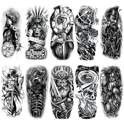 3D Medieval Warrior Temporary Tattoo for Men Half Arm Sleeve, Realistic Large Black Gladiator Sword Lion Fake Tattoo Sticker Adult Forearm, Roman Soldier Mechanical Temp Tatoo Shoulder Body, 10-Sheet