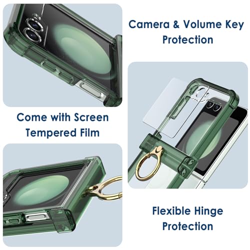 Simpeak Case Compatible with Samsung Galaxy Z Flip 5 5G, Soft Silicone Protective Cover Cases with Metal Ring Replacement for Galaxy Z Flip 5 Women Men, Anti-Scratch,Shockproof, Translucent Green