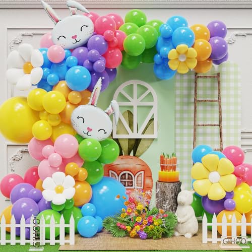 Kit d'arche de ballons de printemps avec marguerite lapin pour anniversaire fille