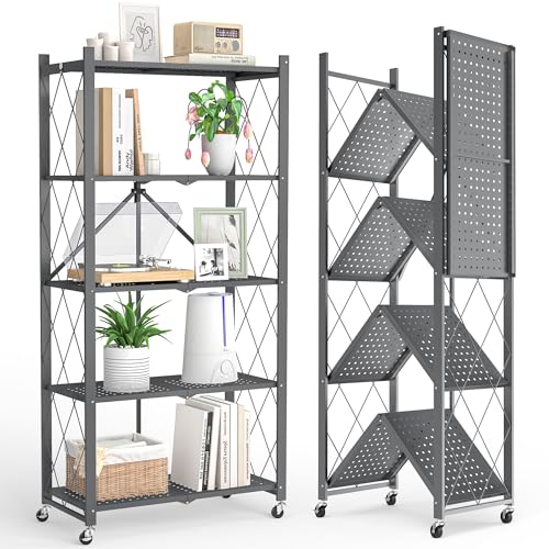 Image of 5-Tier Folding Metal Storage Rack - 63 inch Heavy-Duty Steel Frame with Wheels, No Assembly Utility Organizer, Rolling Shelving Unit for Kitchen, Garage, Pantry, Bedroom (Gray, 5 Tier)