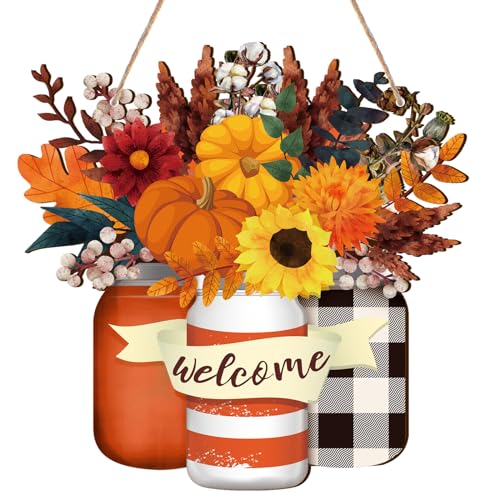 Spiareal Fall Decor Wood Fall Door Sign Pumpkin Thanksgiving Welcome Sign for Front Door Autumn Wooden Wreath Farmhouse Porch Decorations for Front Door Outdoor