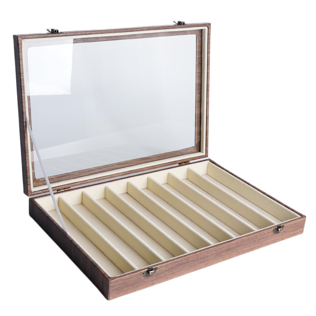 MEETOZ Jewellery Necklace Organiser Stand, Grey Velvet Necklace Jewellery Organise Storage Display Case Vintage wood grain leather Box Tray with 10 lattice and Lockable Glass Lid，for Necklace.