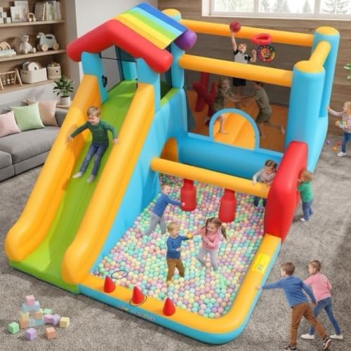 AKEYDIY Bounce House,Inflatable Bounce House for Big Kids 3-12 with Blower Included Indoor/Outdoor Jump House Kids Bouncy House with Extra Long Slide&Large Pool&Tunnel&X Obstacle for Backyard/Party