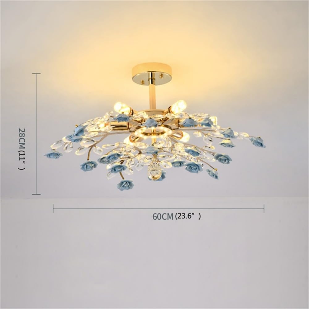 Creativo Lampade a Ciondolo Lampadari di Cristallo Ramo di Luce Casa Led Ceramica Fiore Apparecchio per Soggiorno Sala da Pranzo Decor (Blu D60 cm (1 pz))