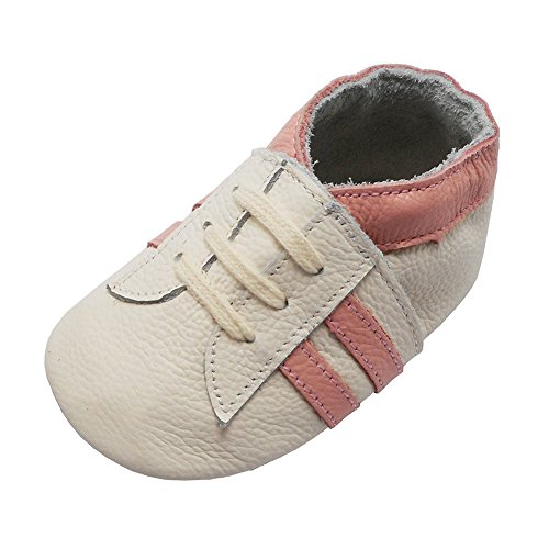 YIHAKIDS Baby Sneaker Genuine Moccasins Soft Suede Sole Toddler Shoes Multi-Colors (6-12 Months M US Infant, White with Pink Stripes)
