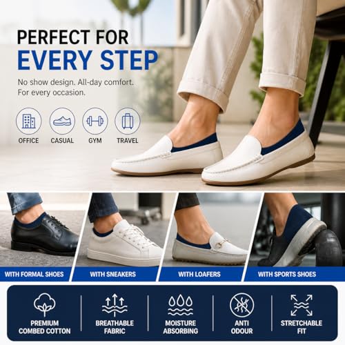 Image of XJARVIS Men No Show Loafer Socks | Invisible Low Cut Cotton Socks with Anti Slip Heel Grip | Breathable, Sweat Absorbent & Anti Odour Summer Socks for Sneakers & Shoes