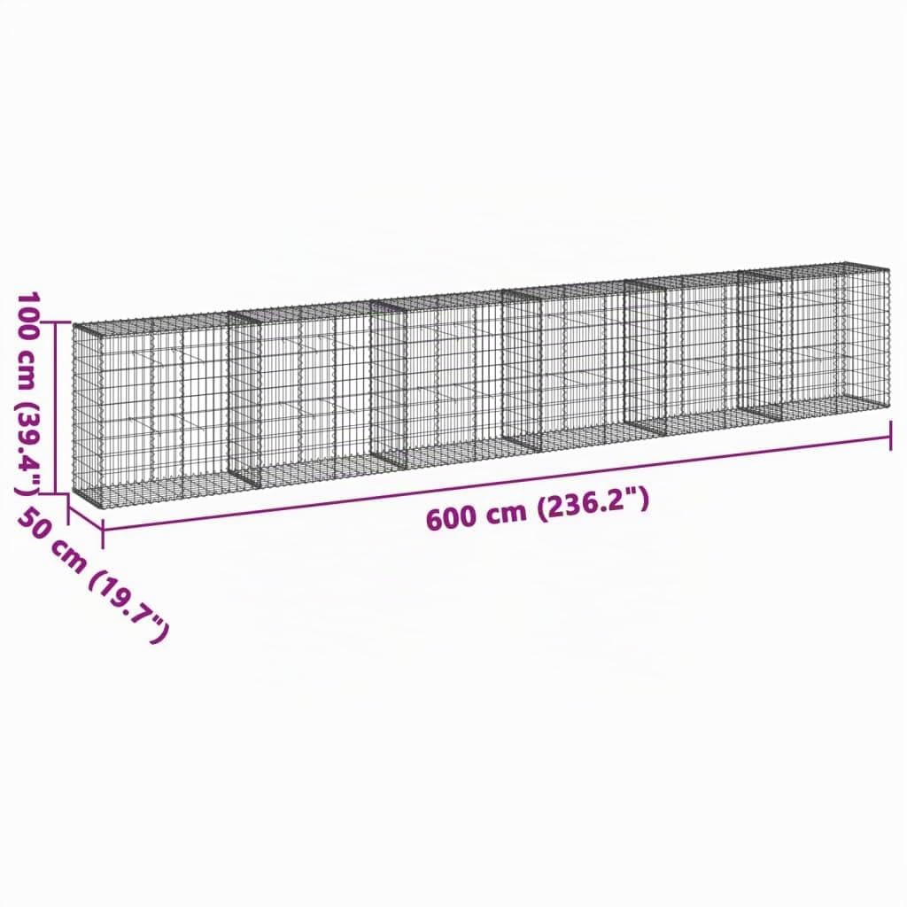 VidaXL Cesta De Gaviones Con Cubierta De Hierro Galvanizado 600X50X100 Cm, Muro De Contención, Valla De Jardín, Color Plateado