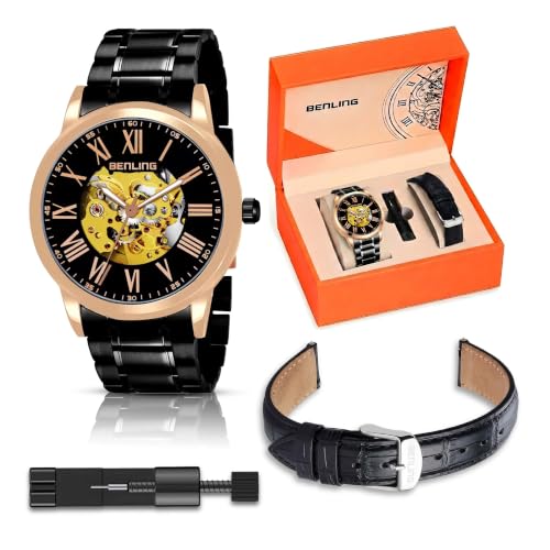 Image of Benling Men's Skeleton Automatic Analog Watch Combo | Open Gear Dial | Leather and Stainless Steel Chain Strap | Luxury Mechanical Movement | Casual & Formal Wear Stylish Wrist Watch for Men