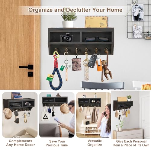 Image of Key Holder Wall Mount - Mail Organizer Wall Mount with 6 Key Hooks and Storage Box for Sunglasses Storage and Dog Leash Holder Home Decor Rack Apartment Farmhouse Shelf Entryway Organizer (Black)