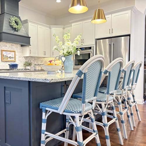 Image of PURPLE LEAF French Bar Stool Set of 2 White Print Finish Patio Bar Stools with Back Rattan Chairs Wicker Bar Height Stool 30 inch with Footrest Kitchen Island Stools Outdoor Barstool Light Blue