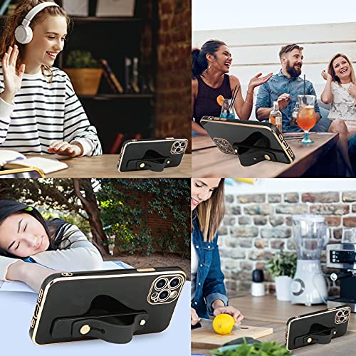 Teaught Case For Iphone 12 Pro, Soft Tpu Black Plating With Adjustable Wristband Kickstand Slim Thin Cover Anti-Scratch Shockproof Protective Case For Women Girls #TOP1