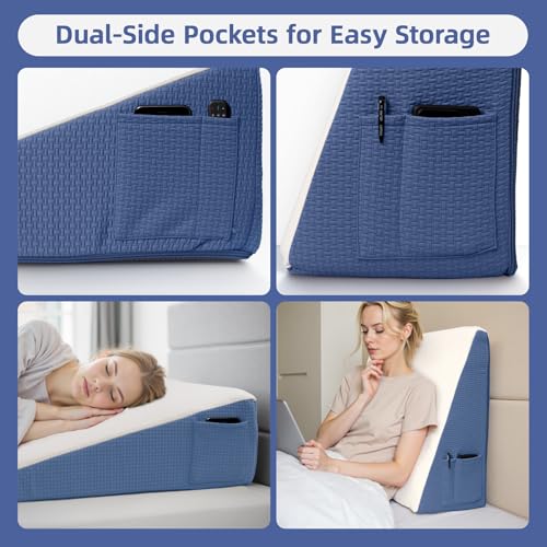 Wedge Pillow for Headboard, 12’’ Triangle Elevated Bed Wedge Pillow for Acid Reflux Relief, Sleeping, Post Surgery, Back Pain Relief, Snoring, Soft Memory Foam Top & Washable Breathable Cover, Blue