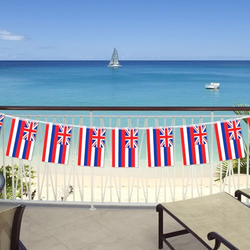 Image of 32.8 ft Hawaii Flag Banner, 30 Pcs Mini State String Flags, Red White Blue Union Jack Bunting for Hawaii Day, Parades, Luau Parties, Home, Garden, and Outdoor Decorations