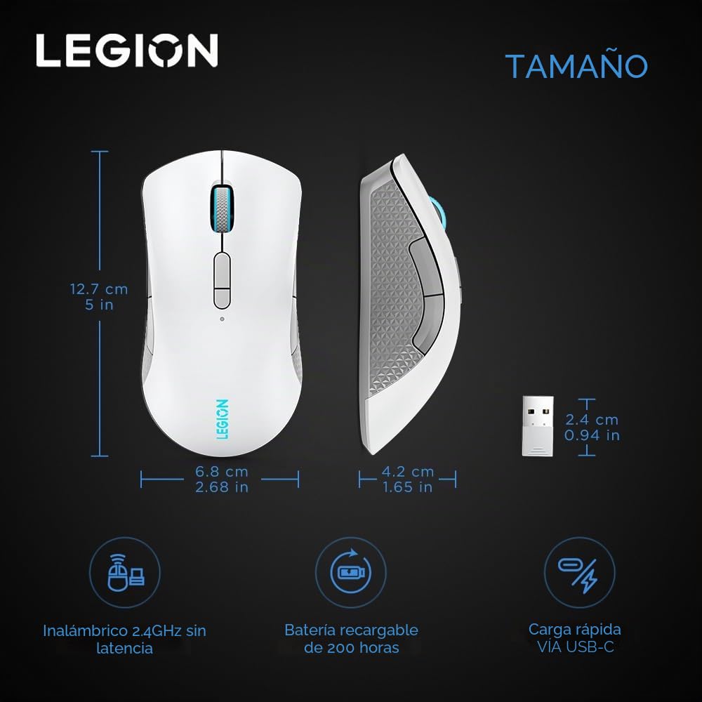 Lenovo Legion M600 - Ratón Inalámbrico para Juegos (Sensor óptico 16.000 dpi, Diseño Ambidiestro, Retroiluminación LED RGB, 9 Botones) Gris Claro