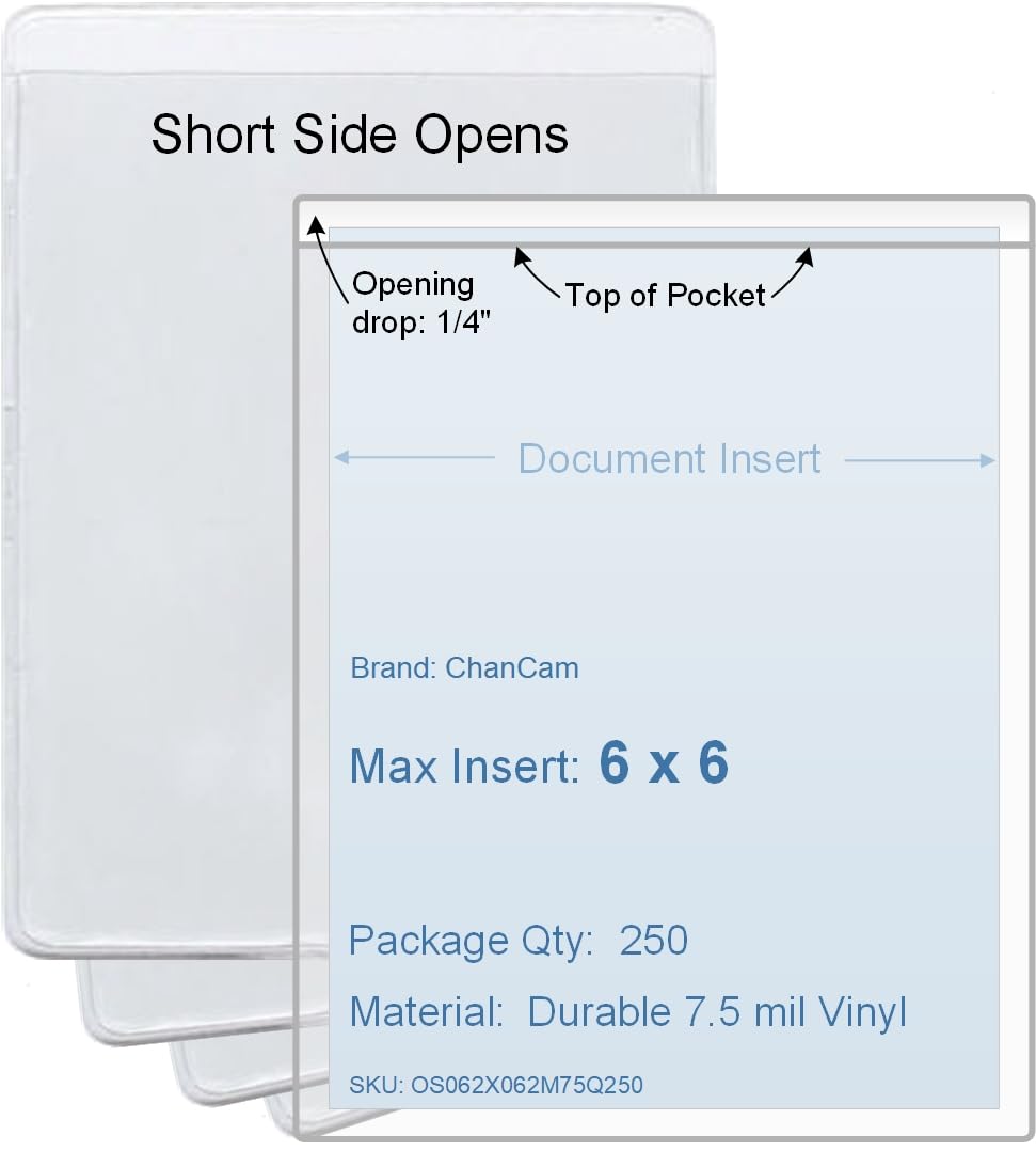 6 x 6 Vinyl Plastic Sleeve, Set of 250, Short Side Opening, Durable 7.5 mil Crystal Clear Vinyl