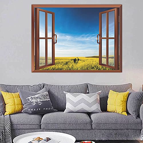 Image of CVANU Lovely View of Yellow Meadows with Clear Blue Sky in a Sunny Day Removable Faux Window Wall Sticker /Decals for Living Room etc Cv 45