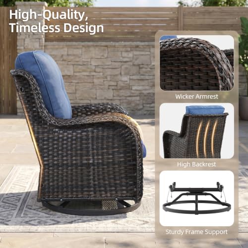 Image of Rilyson 6 Pieces Outdoor Patio Wicker Swivel Chairs and Table, Blue Cushion | High Back and Deep Seating, All Weather, Water-Resistant, Removable Cover, Stain-Resistant, for Garden Backyard Deck