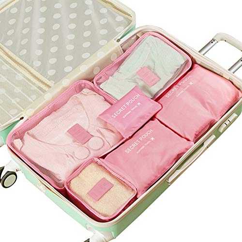 KORADA 6 Set Travel Storage Bags, Travel Packing Cubes-Compression Travel Luggage Organizer-Travel Clothes Storage Bag-Travel Mesh Pouch -Laundry Bag-Travel Packing Organizer (Pink)