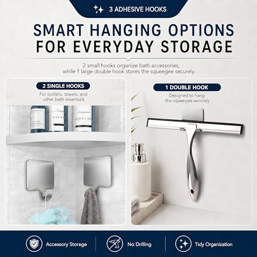 Image of Shower Squeegee for Glass Doors, Stainless Steel Bathroom Squeegee with 3 Kinds of Waterproof Adhesive Hooks, 10 Inch Window Mirror Tile Wall Car Glass Cleaner Tool, Streak-Free Silicone Blade