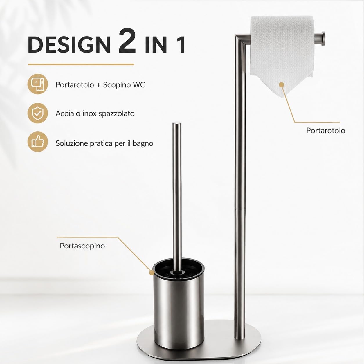 Piantana Bagno Portarotolo e Scopino WC da Terra in Acciaio Inox Spazzolato, Porta Carta Igienica Salvaspazio con Scopino per Bagno Moderno, Supporto Autoportante per Toilette