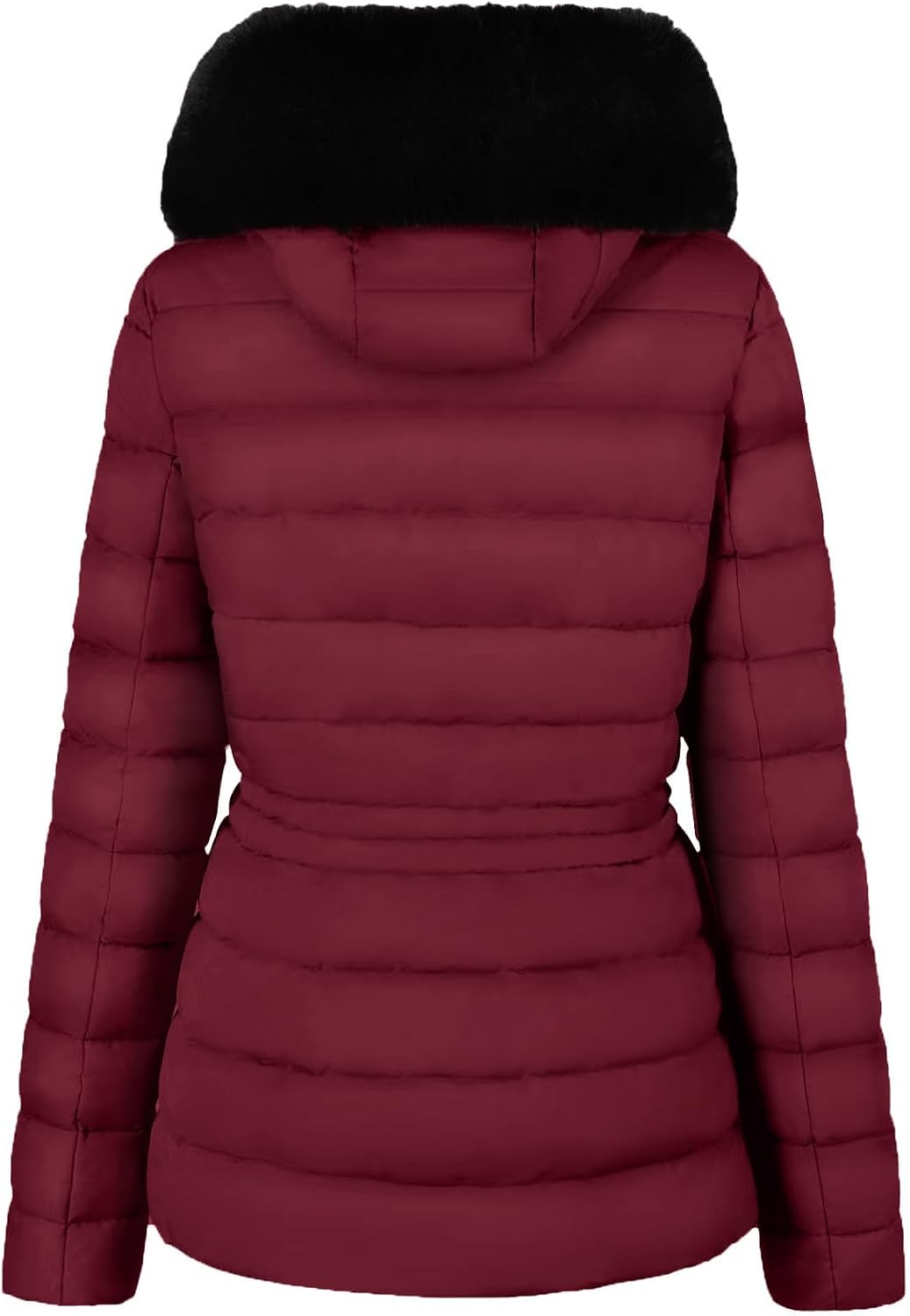 BodiLove Women's Fur Hooded Utility Jacket With Zipper and Flannel Lining Burgundy XL