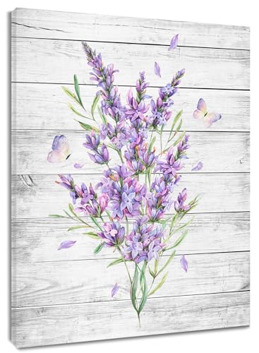 LB Purple Lavender Wall Art Floral Green Leaf and Butterfly on Gray Wood Board Canvas Wall Art Farmhouse Plant Framed Wall Decor for Bathroom Living Room Bedroom Home Ready to Hanging 12x16 Inch