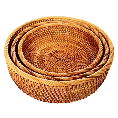 Handwoven Round Rattan Fruit Basket Wicker Food Tray Weaving Storage Holder Dining Room Bowl (10.24x3.15in)
