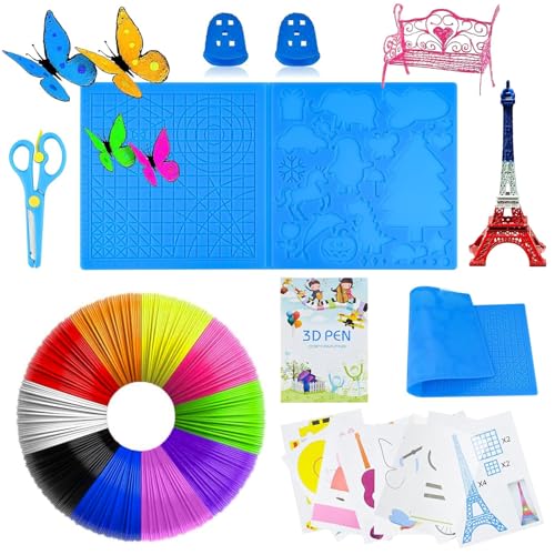 3D Stift Zubehör Set, 3D Druckstift Vorlage, 3D Stift Filament PLA 10 Farbe 1,75mm je 5M, Große Zeichenwerkzeug Silikon Matte Schablone mit 2 Finger Stall & Schere, 3D Druck Stift Zubehör für Kinder