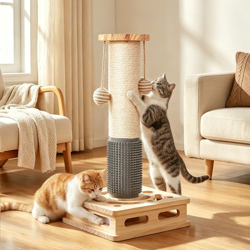 20.5 Inch Cat Scratching Post 4-in-1 Interactive Maze Base with Cat Self Groomer Natural Pine Wood & Premium Sisal Scratching Pole Anti-Slip Detachable Design for Indoor Cats