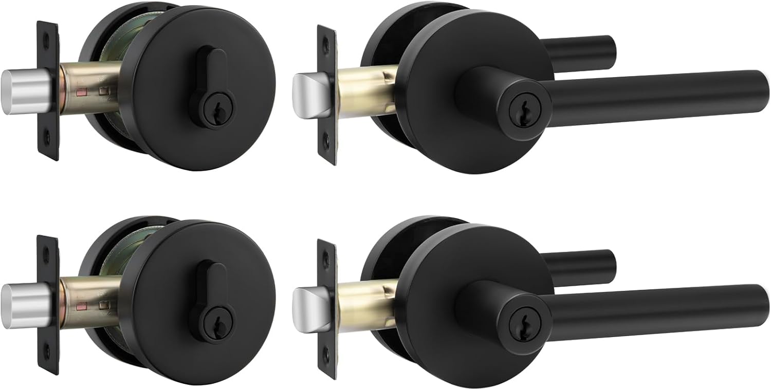 goldenwarm Exterior Deadbolt and Keyed Entry Door Handle Set, Heavy Duty Zinc Alloy Black Door Lever, Key Entry Front Matte Black Door Handle with Lock and Key(2 Pack)