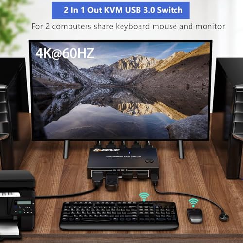 Image of KVM HDMI Switch 2 Ports, USB 3.0 KVM Switcher Support 4K@60Hz Resolution For 2 Computers Share Mouse Keyboard And Monitor