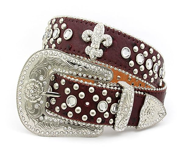 Generic Belt - Rhinestone Split Leather Belt - Ostrich Embossed w/Fleur De Lis Charms - Red Color - BLT-FDL152TNRD