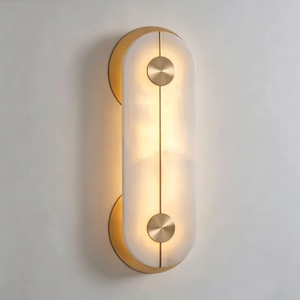 SSBHDM Medieval Industrial Style LED Wall Light, Hard Wiring Connection Marble Wall Sconce, 16.5in Oval Alabaster Wall Lamp, Living Room Bedside Entrance Decorative Lighting Fixtures