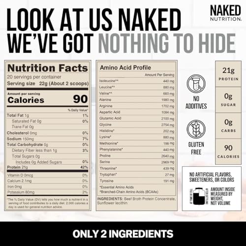 Image of NAKED Bone Broth - Beef Bone Broth Protein Powder - 21G Protein, 17G Collagen - Gut Health and Joint Supplement - Unflavored - No GMO, Gluten-Free, Soy Free - 1LB