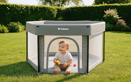 Tulano Cozy 30 Reise-Laufstall Baby faltbar 125x66 cm – Kompakter Kinderlaufstall mit Boden – Netzseiten – Reißverschluss-Tür – rutschfeste Füße – Tragetasche – Indoor & Outdoor – 6–36 Monate - Grau