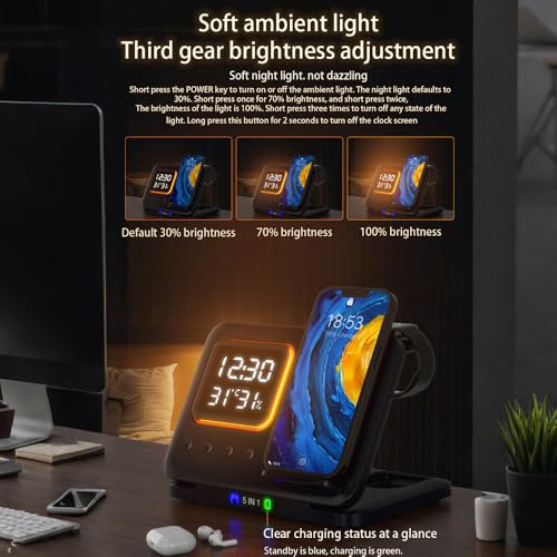 Image of AYI 5in1 Multi Functional Wireless Charging Station with Digital Clock 15W Fast Charge Night Light Temperature Humidity Monitor Wireless Charger for All Qi Phone TWS Headphone and Apple Watch-Black