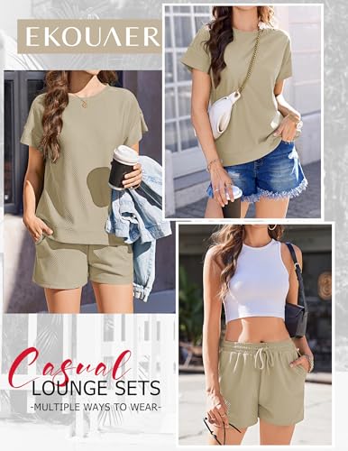 Ekouaer Lounge Sets for Women Textured 2 Piece Shorts Set Cozy Summer Outfits Casual Loungewear Short Sleeve Sweatsuits2