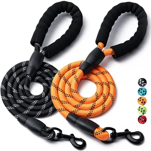 2 Pack Dog Leash, 4/5//6 FT Heavy Duty Nylon Rope Pet Leashes with Comfortable Padded Handle, Reflective Dog Leashes for Small Medium and Large Dogs (5FT-1/2,Black/Orange)