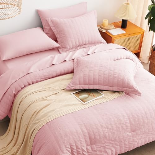 Image of CozyLux Full Size Comforter Sets Pink, 7 Pieces Seersucker Textured Luxury Bed in a Bag, All Seasons Soft Bedding Sets with Down Alternative Comforter, Sheets, Pillowcases & Shams, Bedroom Bed Set