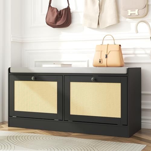 MHOM Rattan Shoe Bench for Entryway, Hallway and Bedroom - Boho Bench with Storage Cabinets and Seat Cushion - Wooden Storage Bench Fits up to Size 16, Black